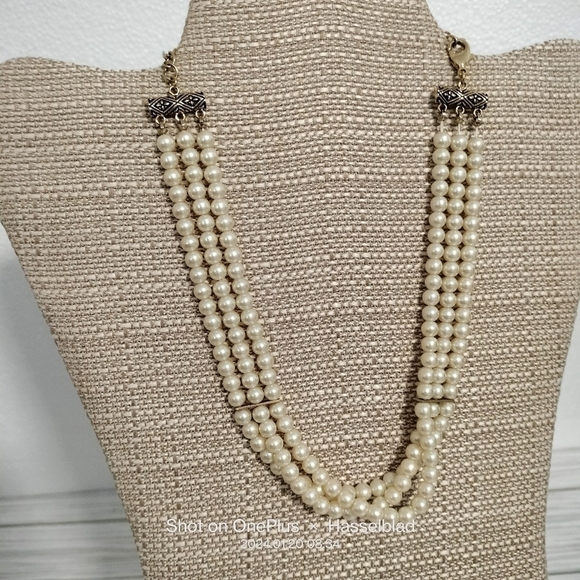 1928 Brand 3-Strand Faux Pearl Necklace w Gold Tone Metal - Picture 2 of 6